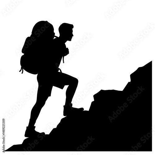 Silhouette of a man hiking up a rocky mountain with a large backpack against a white background