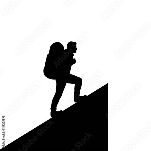 Silhouette of a hiker with a large backpack climbing up a steep hill against a white background