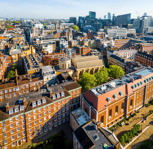 Aerial view of Temple area in central London, featuring legal district architecture, historic buildings, and nearby modern offices