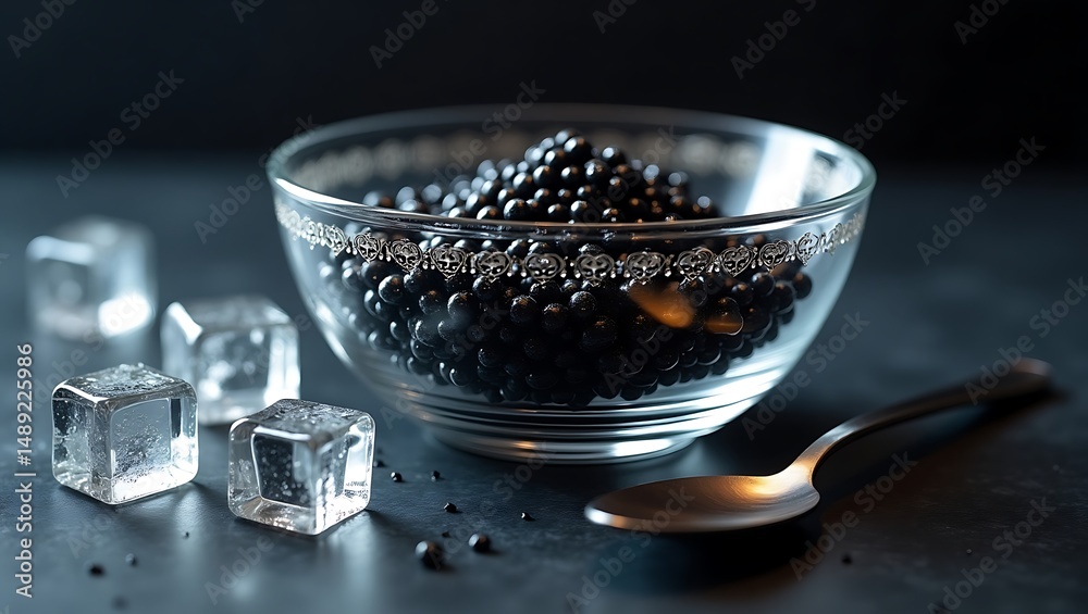 Bowl of Black Caviar on Ice; Pearl Spoon White background Bowl of Black Caviar on Ice; Pearl Spoon White background