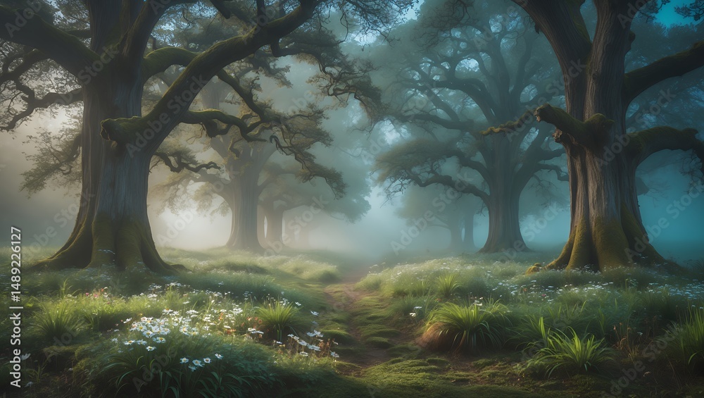 Naklejka premium Walking Path Through Foggy Forest With Wildflowers and Mossy Trees