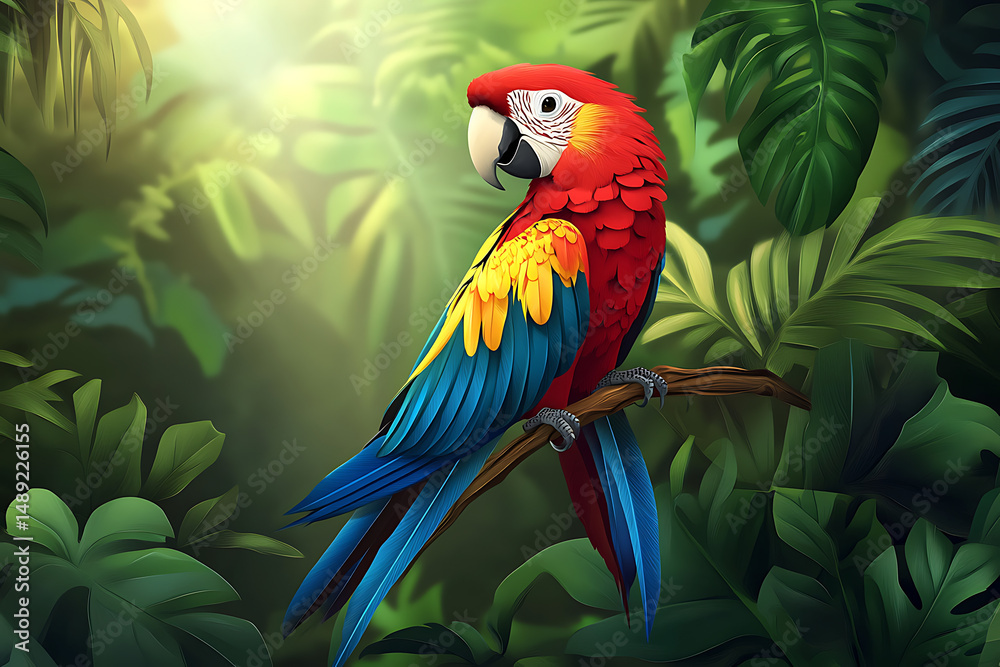 Fototapeta premium Vibrant Scarlet Macaw Perched on a Branch Amidst Lush Green Jungle Foliage