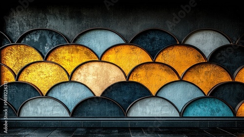 Fish scale wall, dark colors, gold accents