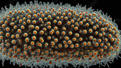 Close-up microscopic view of an organism with textured surface and orange dots