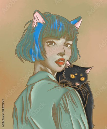 An illustration of a catgal tenderly holding her black cat on twilight in her cozy room to comfort her after her mom death, and the cat looking serene or affectionately alert.
