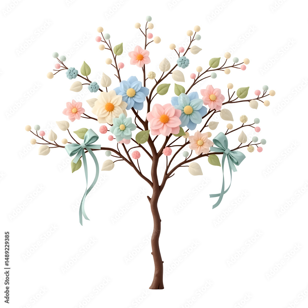 Fototapeta premium Enchanting Spring Tree with Pastel Flowers and Delicate Ribbons, A Whimsical Celebration of Nature and Pastel Aesthetics