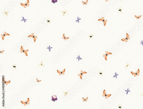 A pastel-toned pattern with tiny butterflies and flowers, designed with delicate details and a soft watercolor effect