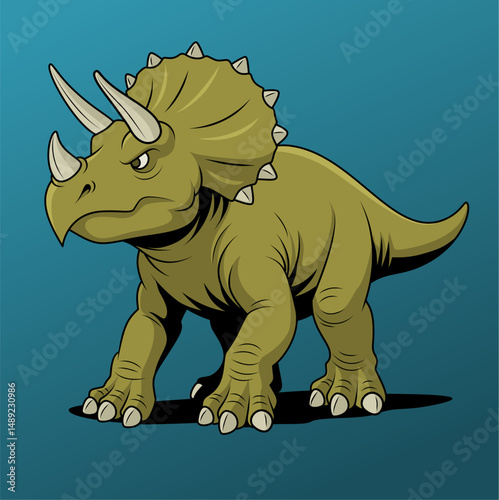 Vector illustration of a fierce triceratops dinosaur with detailed horns and frill, perfect for prehistoric-themed designs