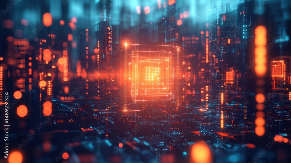 Naklejka premium Futuristic glowing orange and blue digital circuit with abstract technology and data visualization elements creating a sense of depth and high-tech atmosphere