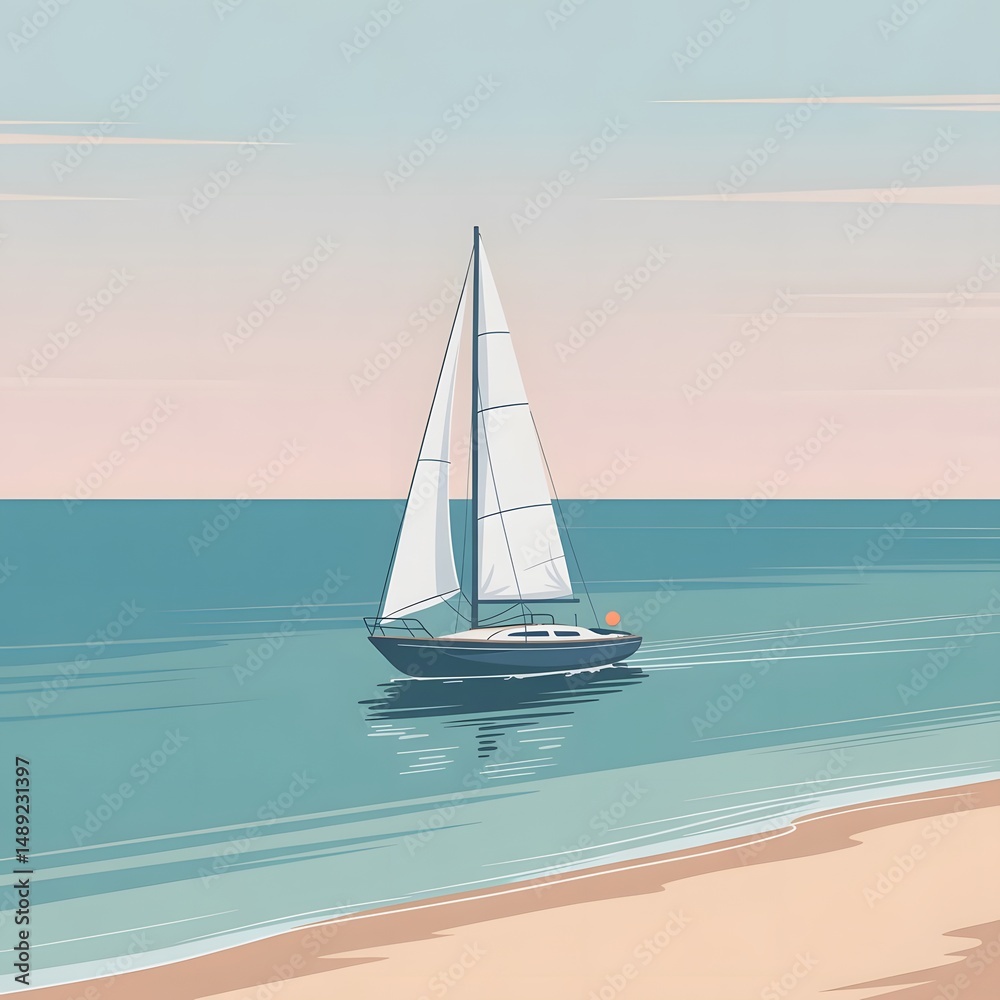 Obraz premium “Minimalist sailboat gliding on a calm blue sea with a pale sky.”