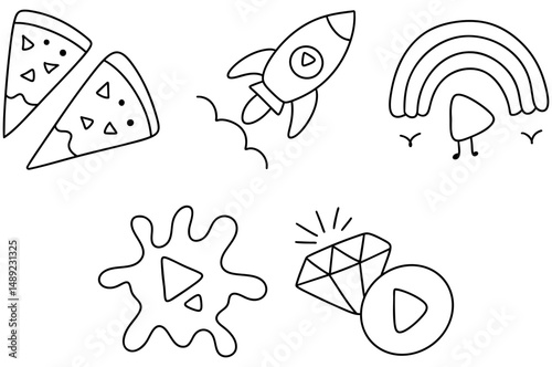 Delight in playful video icon featuring pizza slices, rocket, rainbow, and sparkling diamond, all inviting fun