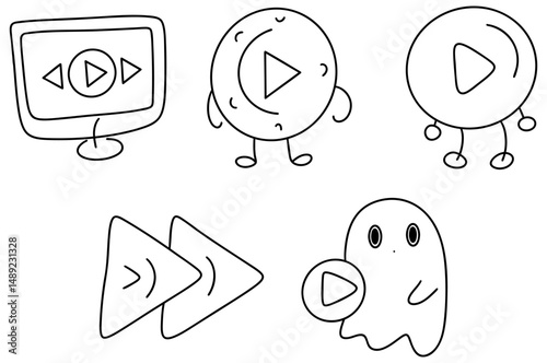 Play video icon designs featuring monitor, playful characters, and ghostly figures, perfect for creative projects