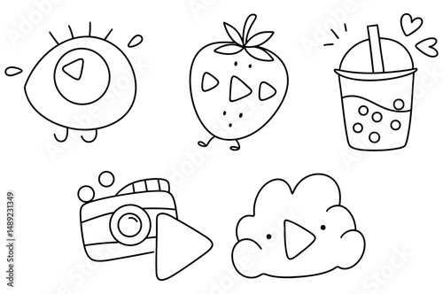 Playful video icons featuring cute eye, strawberry, drink, camera, and cloud, perfect for creative projects