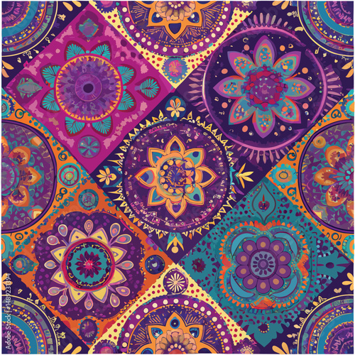 Retro Paisley Floral Design – 60s and 70s-style paisley shapes filled with geometric floral designs, curved leaves, and layered teardrop accents in retro color tones.