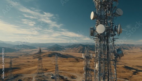 Telecommunication towers in arid landscape under sky