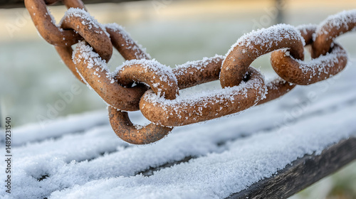 Winter's icy touch on a weathered chain link, frozen in time and history
