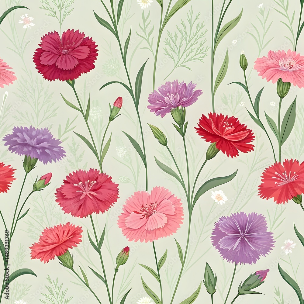 custom made wallpaper toronto digital“Seamless vintage floral pattern with carnations in red, pink, white, and blue on a light background.”

