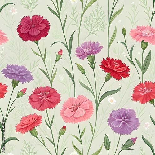 Wallpaper Mural “Seamless vintage floral pattern with carnations in red, pink, white, and blue on a light background.”

 Torontodigital.ca