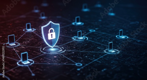 Digital security shield protects interconnected devices.  A network of connected devices is secured by a glowing shield with a lock