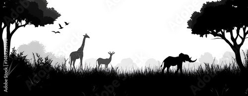 African savannah silhouette scene featuring elephants giraffes and acacia trees in monochrome style