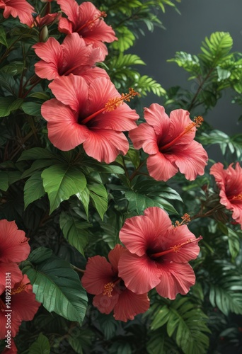 Vibrant hibiscus blooms, lush tropical foliage ,  flowers,  design,  macro