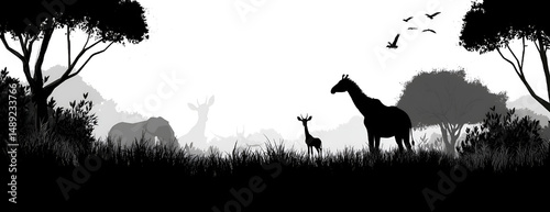 Silhouette illustration of african savannah wildlife including elephant giraffe 