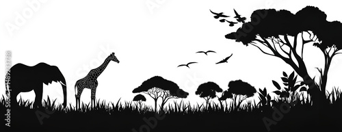 Silhouette illustration of african savannah wildlife including elephant giraffe and flying birds