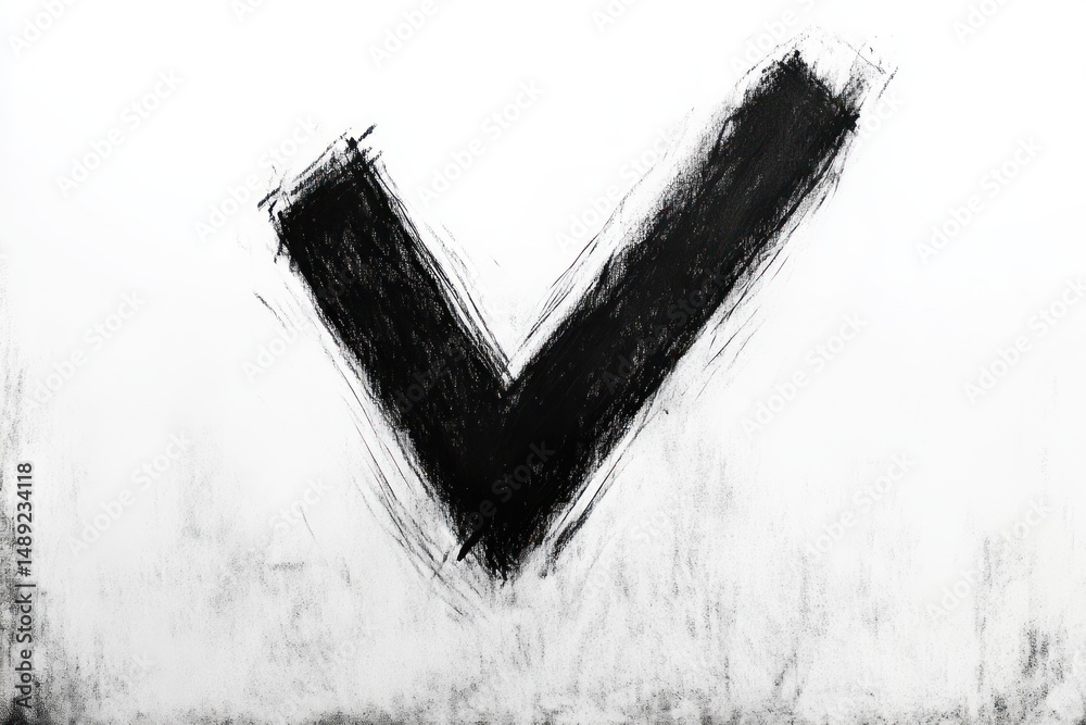 Fototapeta premium Bold black checkmark or V-shape painted with rough brushstrokes on a white background conveying a sense of approval or achievement