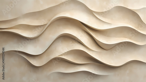 Wavy textured wall art design in a soft beige tone with layered undulating forms creating a modern aesthetic. [Subterranean Echo] | Murmur Depth | layered tone. Illustration