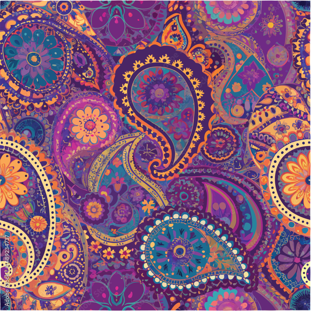 Fototapeta premium Vintage Paisley Pattern in Repeating Layout – Curved paisley shapes filled with ornate flowers and fine lines. A timeless bohemian-style vector background.