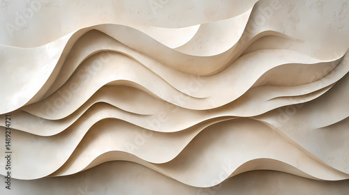 Wavy textured wall art design in a soft beige tone with layered undulating forms creating a modern aesthetic. [Subterranean Echo] | Murmur Depth | layered tone. Illustration