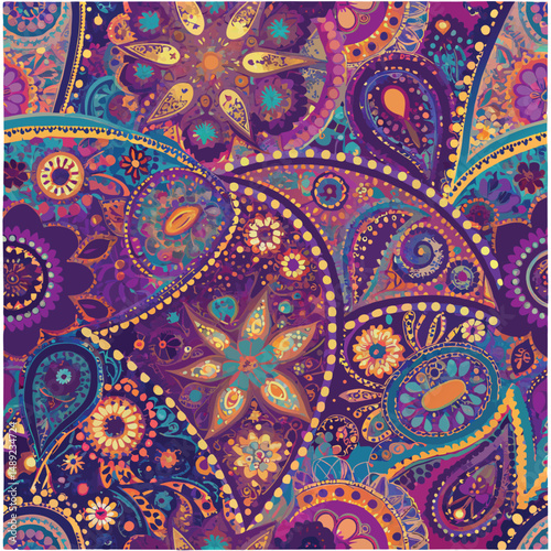 Elegant Floral Paisley Design – Stylized botanical swirls and paisley forms arranged symmetrically in a seamless pattern. Ideal for home décor and fashion prints.