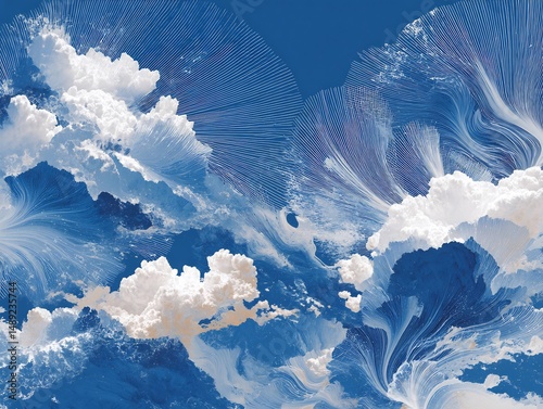 Ethereal sky with clouds and swirling patterns evokes dreamlike imagery