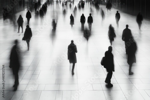silhouettes of people walking in a large indoor space with blurred motion creating a sense of mystery and anonymity photo