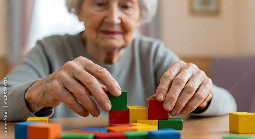 Fototapeta premium Elderly woman building with colorful wooden blocks enhancing cognitive skills and memory.