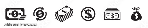 Money and Currency Icon Set – Dollar, Euro, Coins, Cash Stack, Payment, Transfer, Banking & Finance Vectors.
