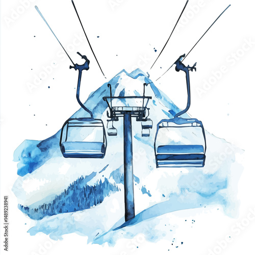 watercolor vector of Ski Lift Chair Ascending A Mountain, high quality, isolated on a white background.