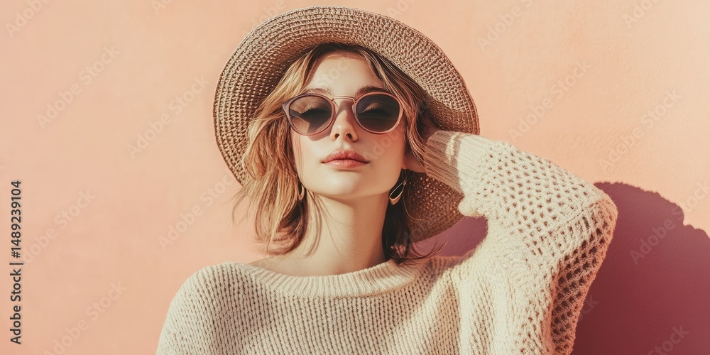 Fototapeta premium Boho Chic: Blonde Model with Straw Hat and Sunglasses on Pink Background