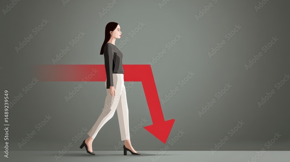 Obraz premium Businesswoman Walking Away from Falling Arrow Recession Crisis Financial Loss Market D
