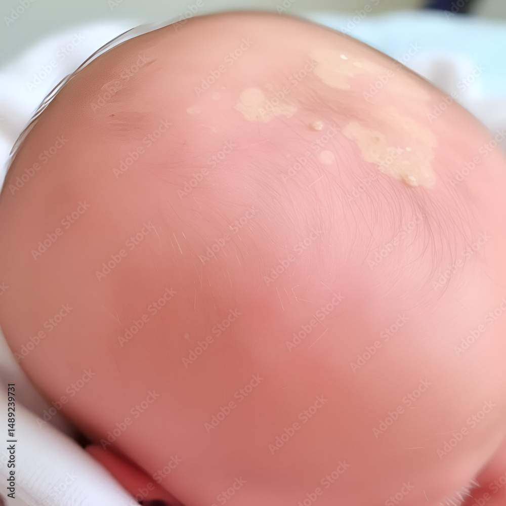 Fototapeta premium Close-up of a baby scalp showing cradle cap seborrheic dermatitis with dry, flaky patches. Common skin condition in newborns. Infant care, skincare, and health awareness concept