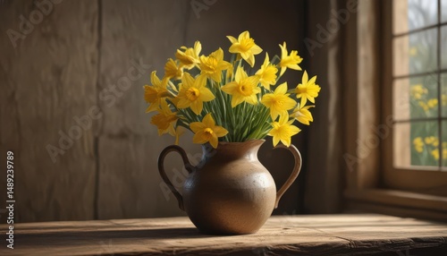 Sunlit yellow daffodils in rustic jug, vibrant spring blooms , floral, shadow, home decor