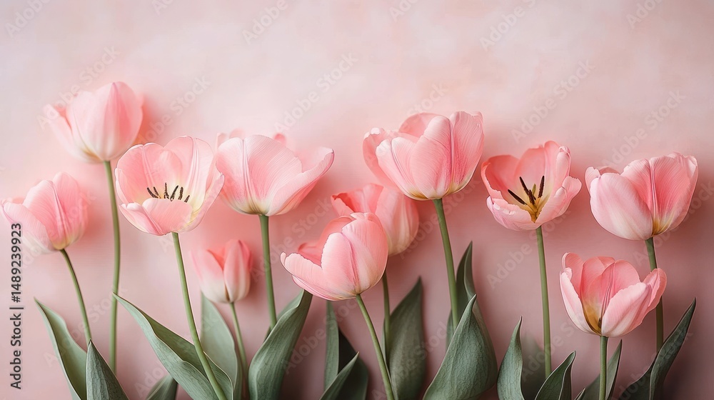 Fototapeta premium Delicate pink tulips with green leaves against a soft pastel pink background, evoking a gentle and serene springtime mood