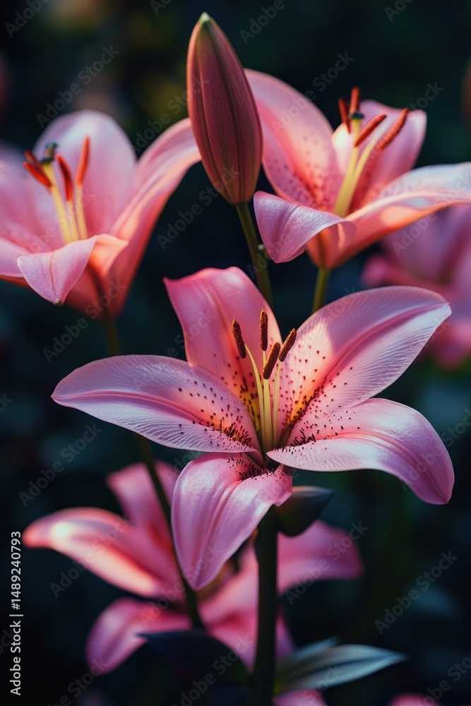Fototapeta premium Close-up of vibrant pink lilies blooming with one flower bud amidst dark blurred background, showcasing delicate petals and stamens with soft natural light