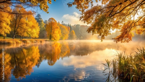 Wallpaper Mural Serene lake surrounded by golden foliage with a misty autumn morning atmosphere , nature scenery, serene surroundings Torontodigital.ca