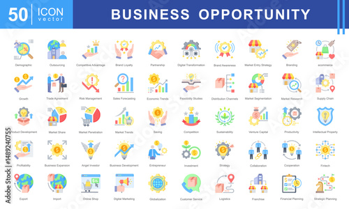 Business Opportunity icon set featuring icons for investment, market research, branding, sales strategy, and digital transformation. Ideal for startups, business planning, and entrepreneurial growth.