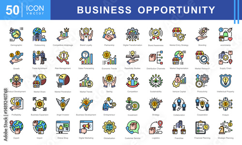 Business Opportunity icon set featuring icons for investment, market research, branding, sales strategy, and digital transformation. Ideal for startups, business planning, and entrepreneurial growth.