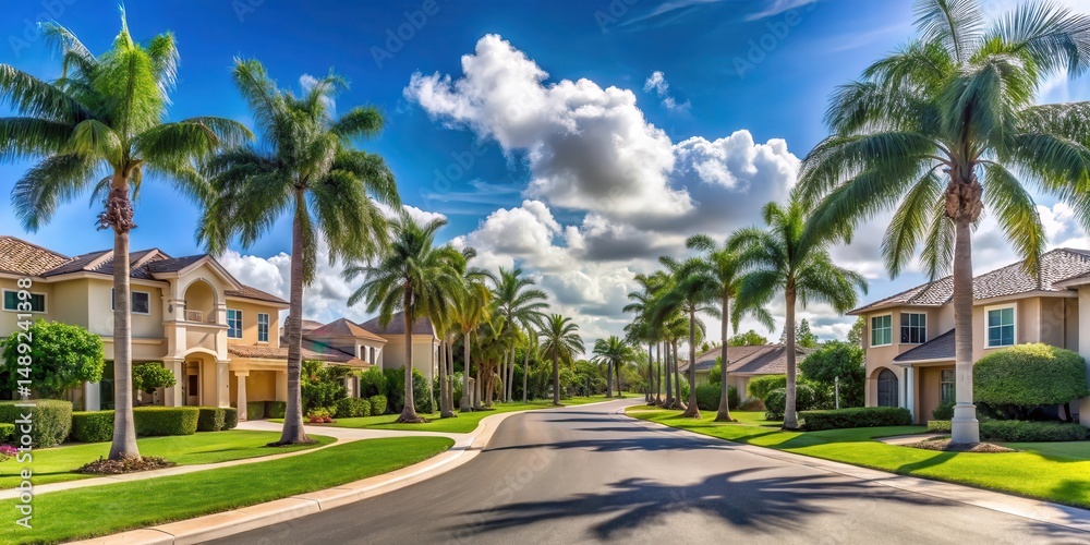 Fototapeta premium Luxury gated community with palm trees and asphalt road in sunny South Florida, luxury homes, suburban landscape