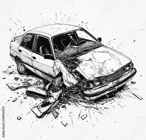 Highly detailed black and white illustration of a severely damaged car with smashed front side and shattered debris scattered around, conveying impact and destruction