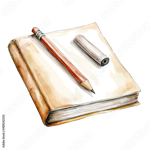 watercolor of Sketchbook With A Pencil And Eraser, vector high quality, isolated on a white background.