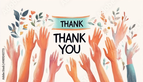 Multiple diverse hands raised together with decorative leaves surrounding a large 'thank you' text, conveying gratitude and appreciation